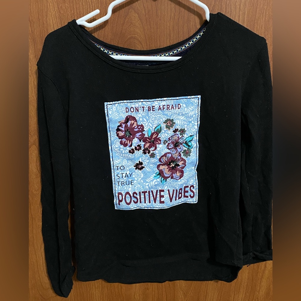 Cute, positive vibes, black sweater shirt.